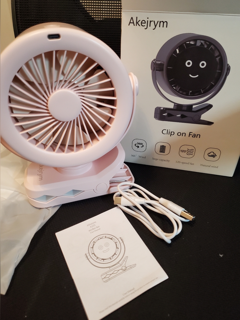 Akejrym Pink Clip-On Portable Fan